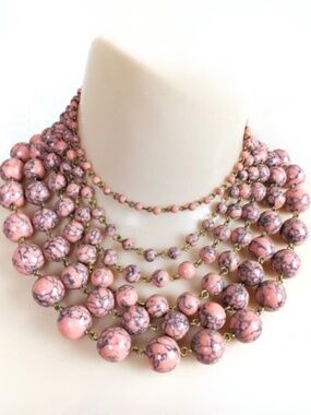 David Aubrey Graduated Multi Strand Coral Pink Gray Stone Chunky Bead Necklace